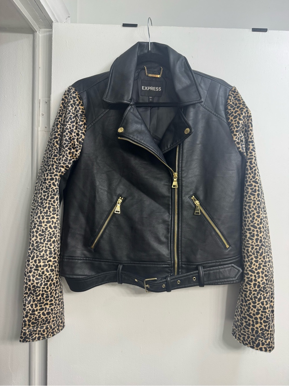 Express Black Faux Leather Moto Jacket with Leopard-Print Sleeves